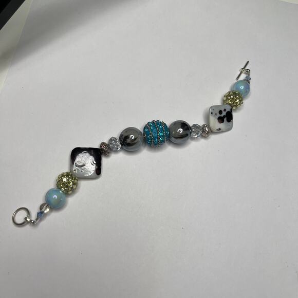 bracelet chunky beaded silver tone with turquoise blue toggle clasp artisan poss - Picture 7 of 16